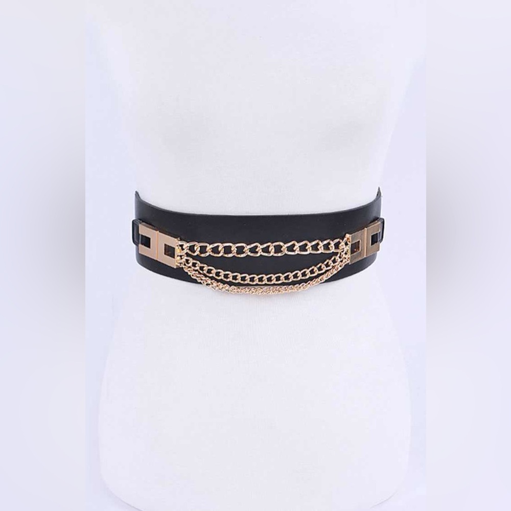 Black Waist Belt with Gold Chain Accent (3 Colors)